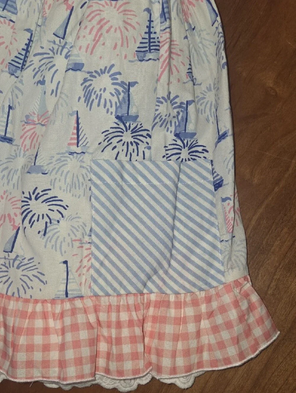 SweetHoney Pink and Blue Fireworks Print Sundress with Gingham Ruffle
